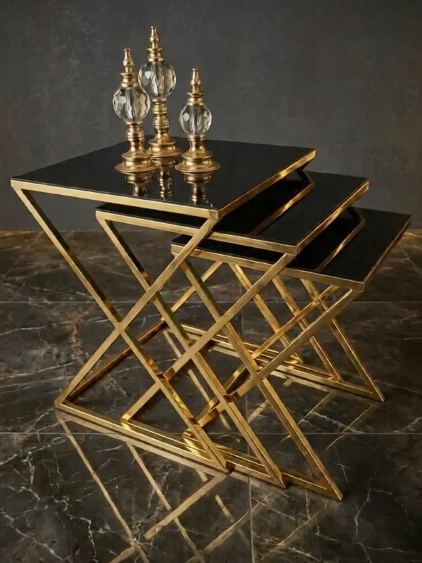 X Model Metal Ayaklı Cam Zigon Sehpa – 3’lü Set