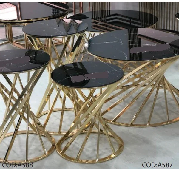 Yelpaze 3’lü Yuvarlak Cam Zigon Sehpa Seti – Metal Ayaklı