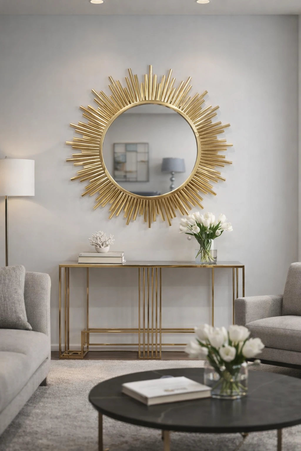 Güneş Ayna 95 cm – Gold Metal Sunburst Duvar Aynası