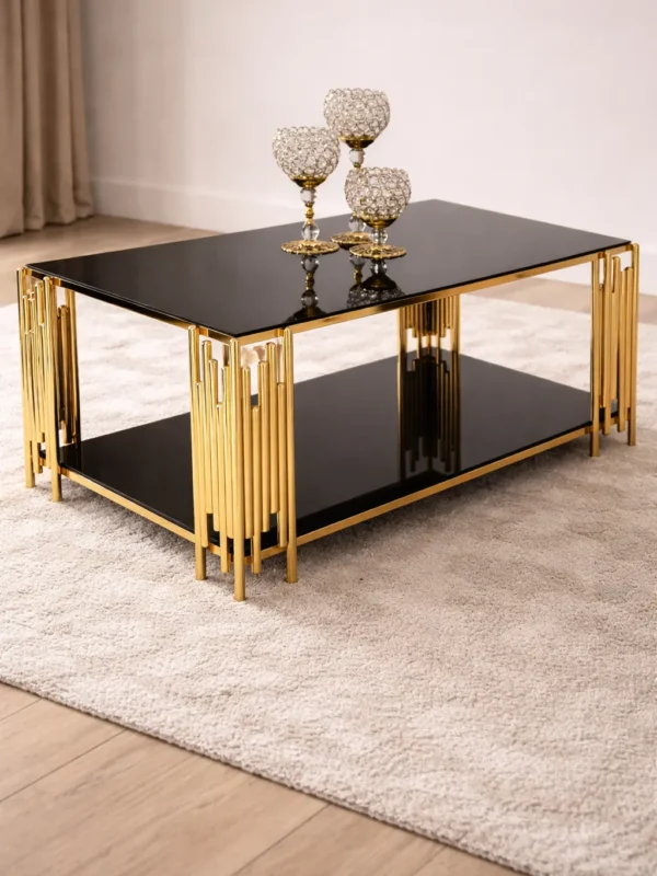 Kare Evol Orta Sehpa – Metal Ayaklı Siyah Cam Orta Sehpa