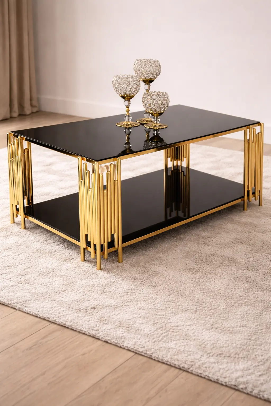 Kare Evol Orta Sehpa – Metal Ayaklı Siyah Cam Orta Sehpa