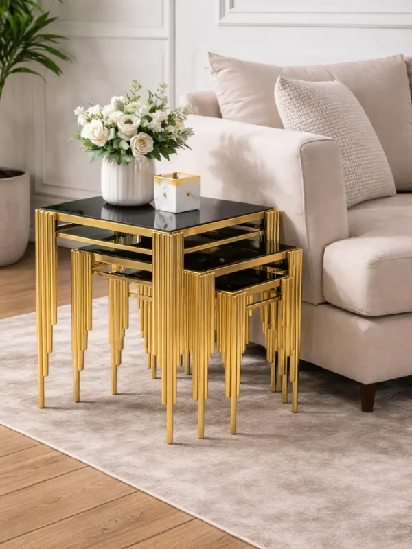 Kare Sütun 3’lü Metal Ayaklı Zigon Sehpa Seti – Siyah Tabla