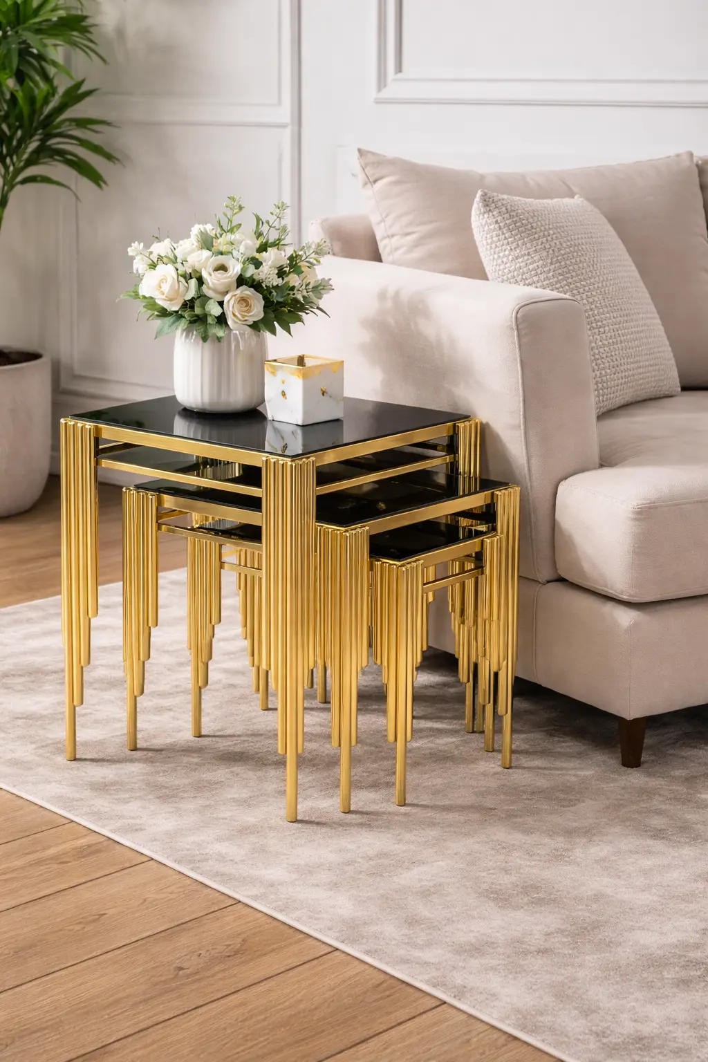 Kare Sütun 3’lü Metal Ayaklı Zigon Sehpa Seti – Siyah Tabla