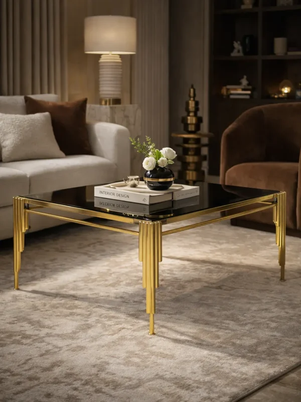 Kare Sütun Orta Sehpa – Metal Ayaklı Siyah Cam Orta Sehpa