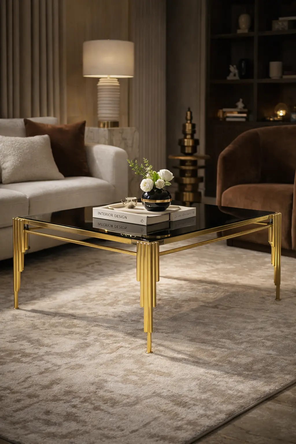 Kare Sütun Orta Sehpa – Metal Ayaklı Siyah Cam Orta Sehpa