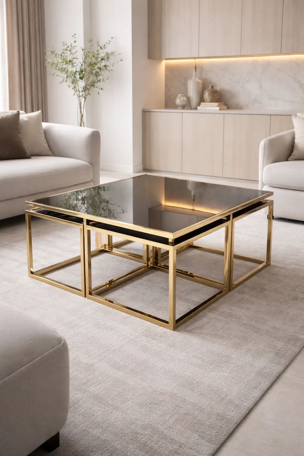 Kares 4+1 Kare Sehpa Seti – 4’lü Zigon + Kare Orta Sehpa | Metal İskelet Cam Tabla