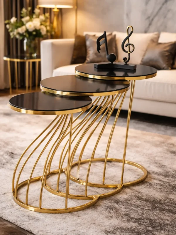 3lü zigon sehpa, metal ayak, cam tabla