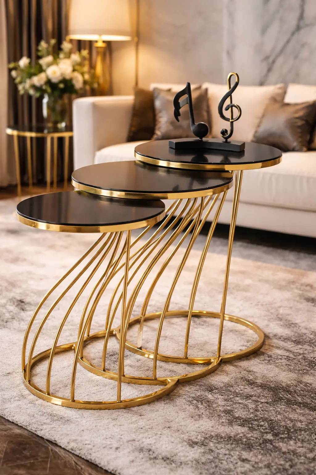 3lü zigon sehpa, metal ayak, cam tabla