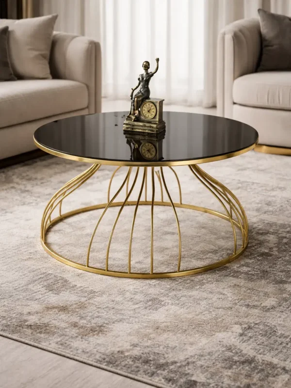 Kobra Yuvarlak Orta Sehpa – Metal Ayaklı Siyah Cam Tabla