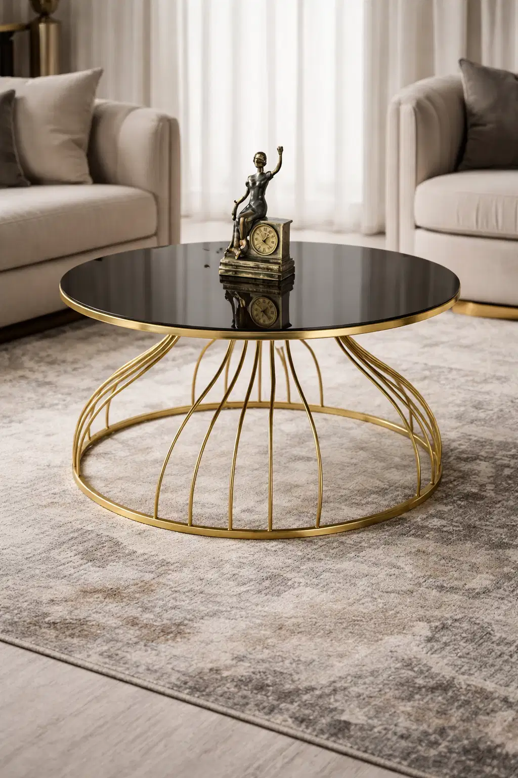 Kobra Yuvarlak Orta Sehpa – Metal Ayaklı Siyah Cam Tabla