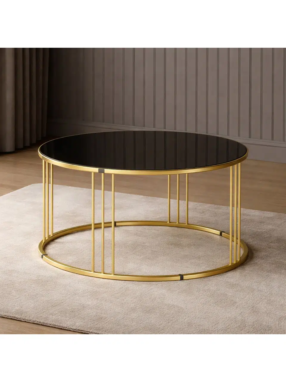 Piyano Borulu Yuvarlak Orta Sehpa – Metal Ayaklı Siyah Cam