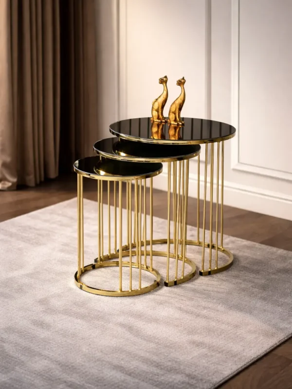 Piyano 3’lü Yuvarlak Cam Zigon Sehpa Seti