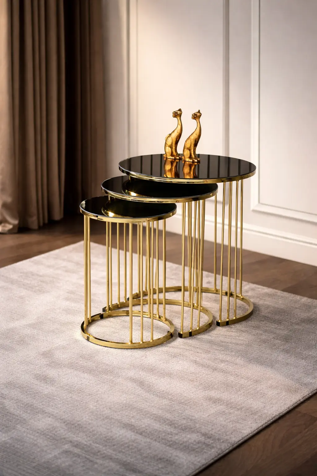 Piyano 3’lü Yuvarlak Cam Zigon Sehpa Seti