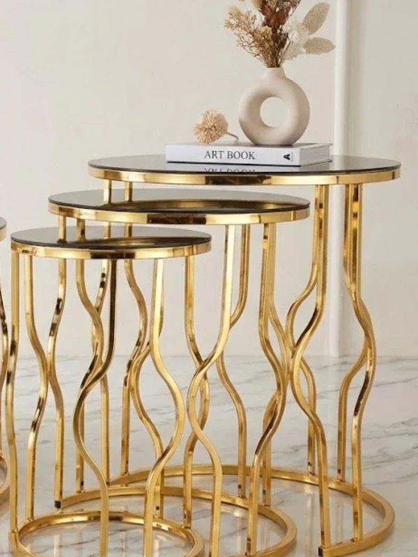 Yumurta 3’lü Yuvarlak Zigon Sehpa Seti – Gold Metal Ayak, Cam Tabla