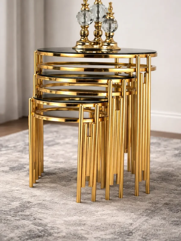 Yuvarlak Sütun 3’lü Metal Ayaklı Zigon Sehpa Seti – Siyah Cam Tabla