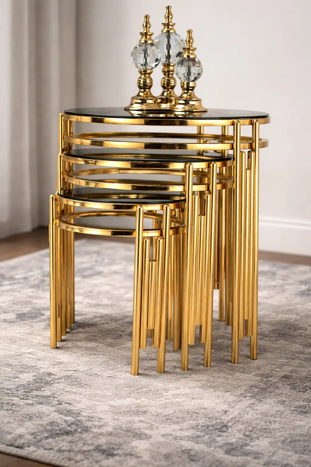 Yuvarlak Sütun 3’lü Metal Ayaklı Zigon Sehpa Seti – Siyah Cam Tabla