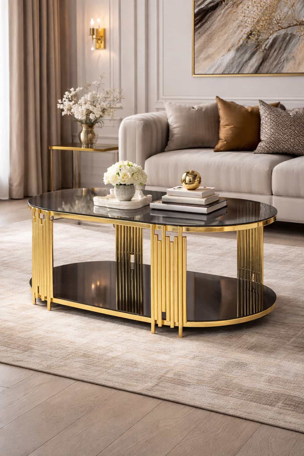Fairfax Oval Orta Sehpa - 60x110 cm Çift Katlı Siyah Camlı Gold Metal Salon Sehpası