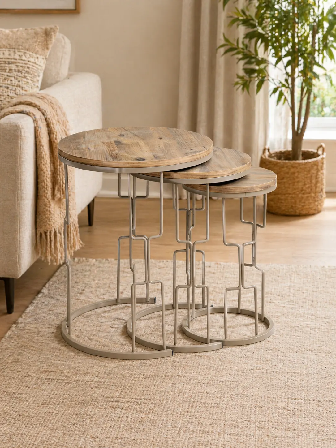 Çelsan Lina 3’lü Yuvarlak Çam Desenli Zigon Sehpa – Cappuccino Metal Ayak