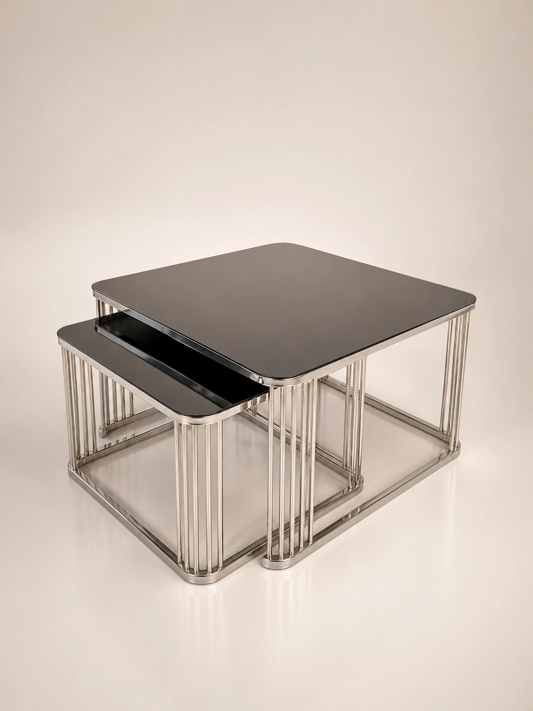 Kare Piyano Orta Sehpa | Metal Ayaklı Cam Tablalı Modern Salon Sehpası